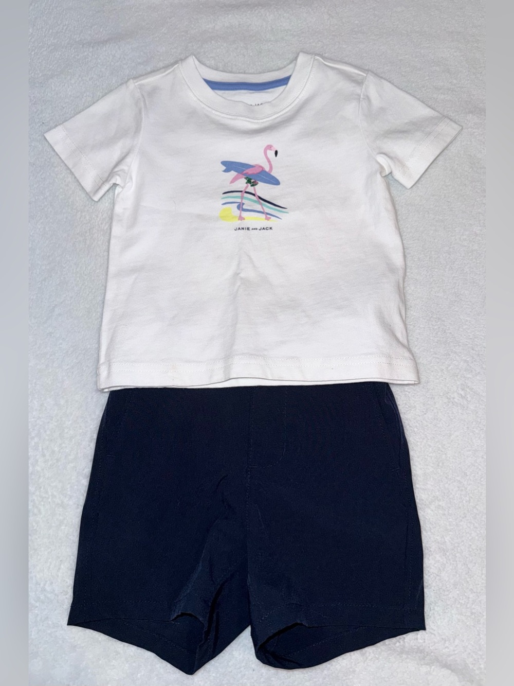 Janie and Jack surfing flamingo tee and navy shorts, size 12-18 mos, EUC